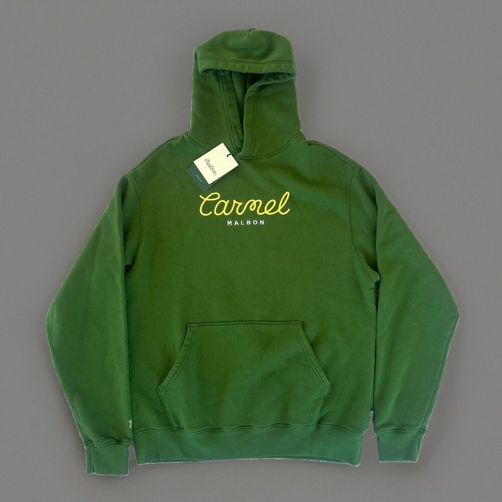 Malbon Carmel CA Fesque Script Hoodie Pullover Green Small Buckets Graphic Gold